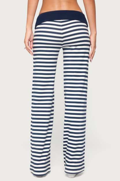 Fina Contrast Foldover Striped Pants - NAVY-AND-WHITE