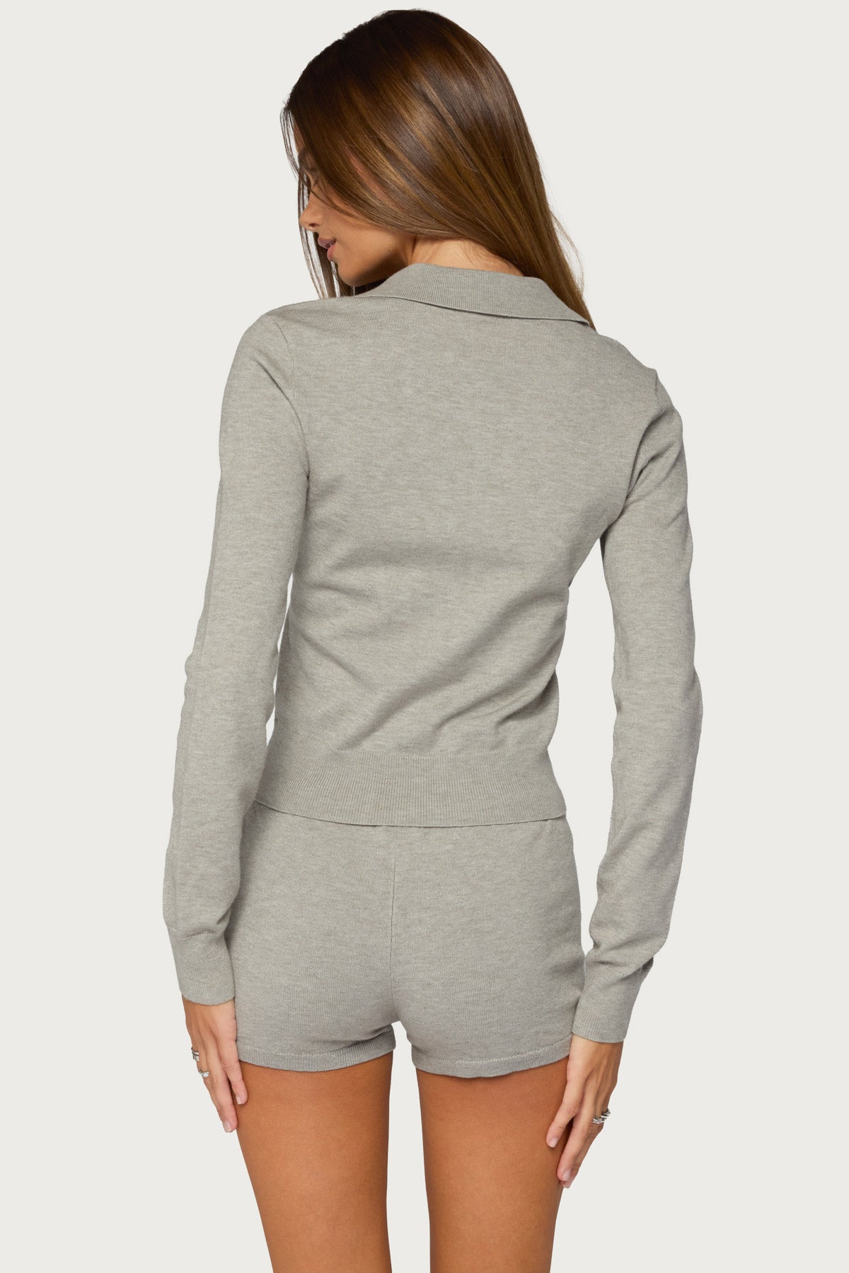 Edele Knit Long Sleeve Polo Top - LIGHT-GRAY-MELANGE