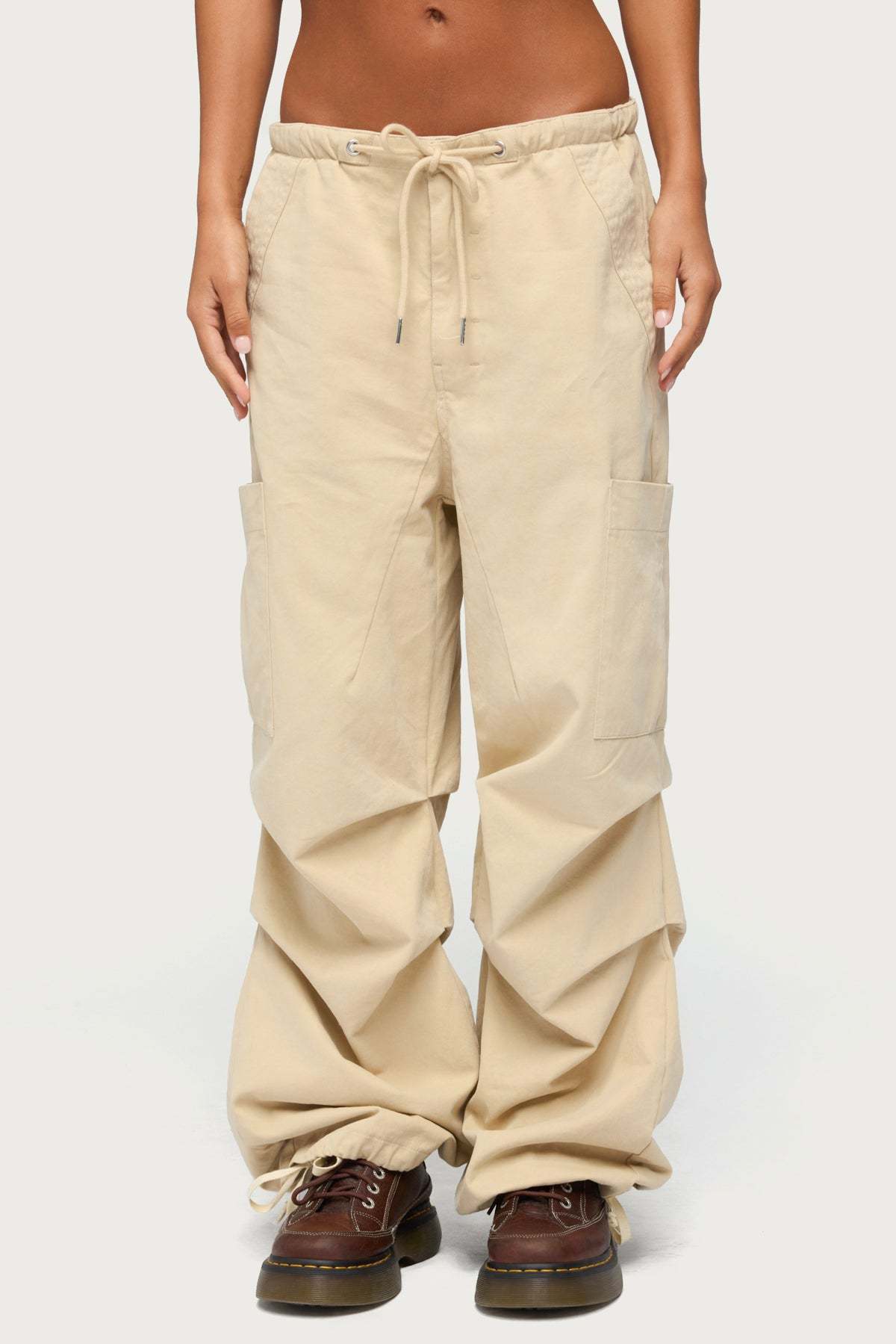 Emzi Baggy Cotton Cargo Pants - BEIGE