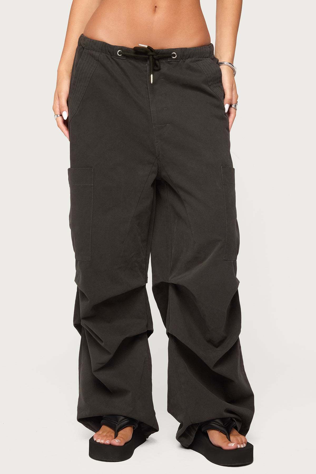 Emzi Baggy Cotton Cargo Pants - BLACK-WASHED