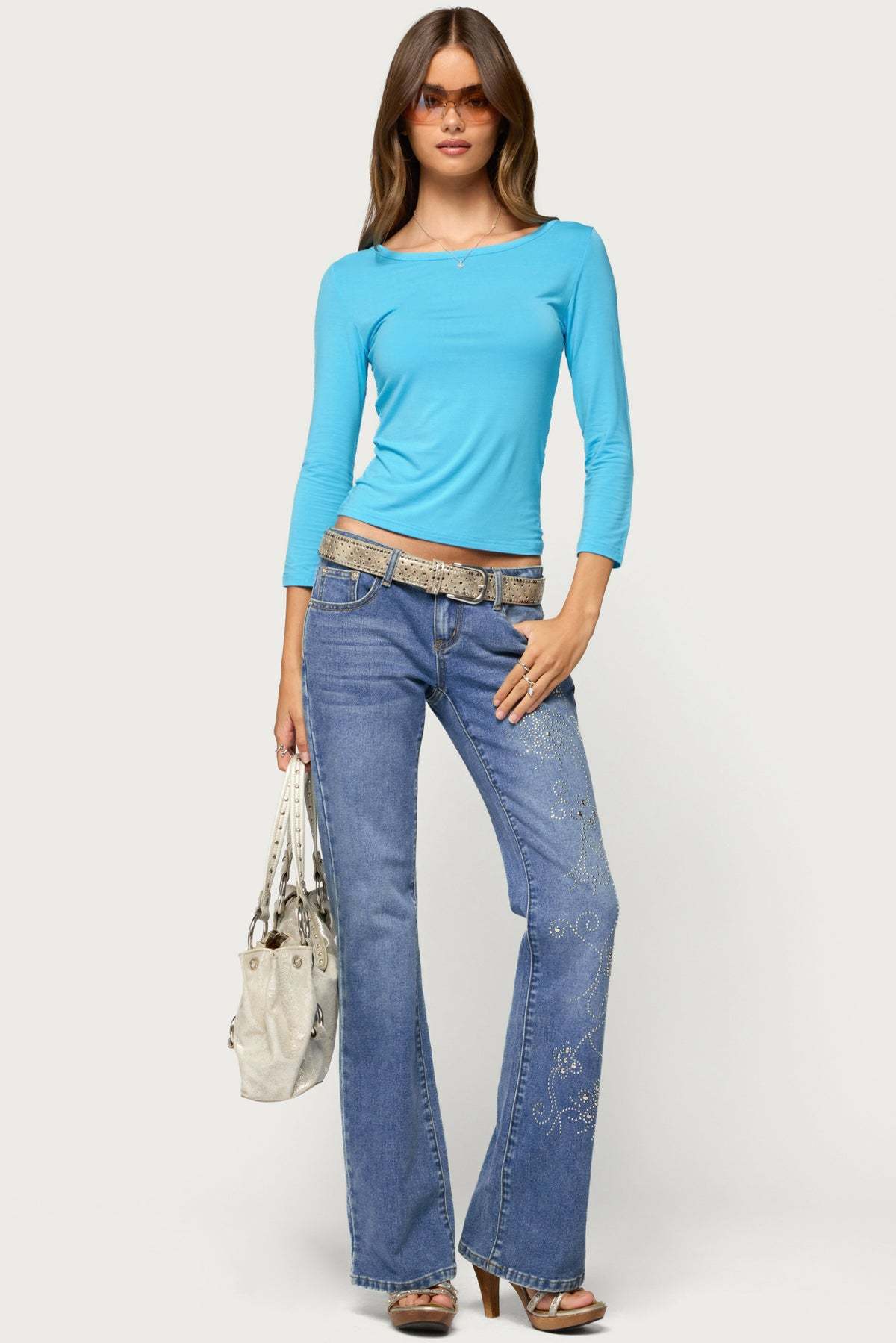 Bailie Lace Back Three-Quarter Sleeve Top - TURQUOISE