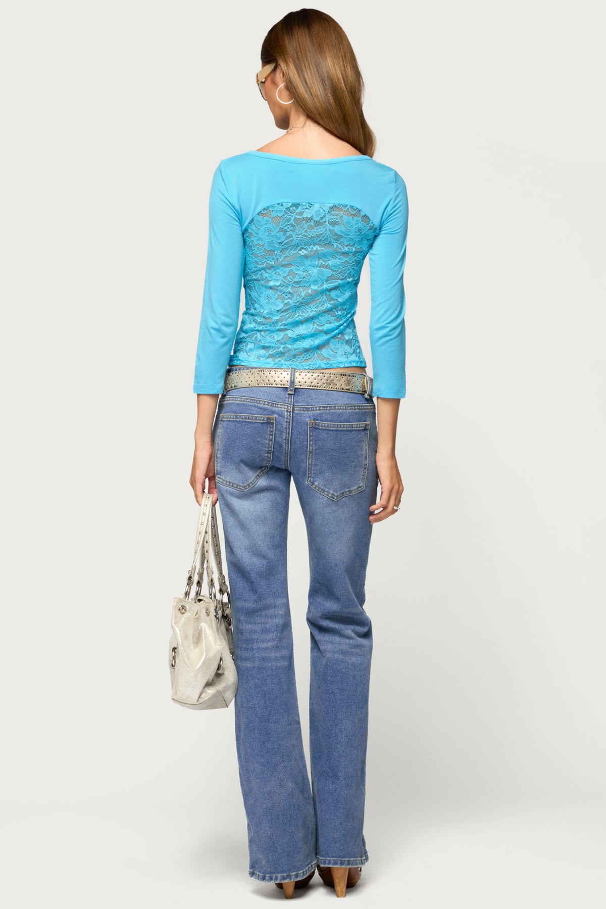 Bailie Lace Back Three-Quarter Sleeve Top - TURQUOISE