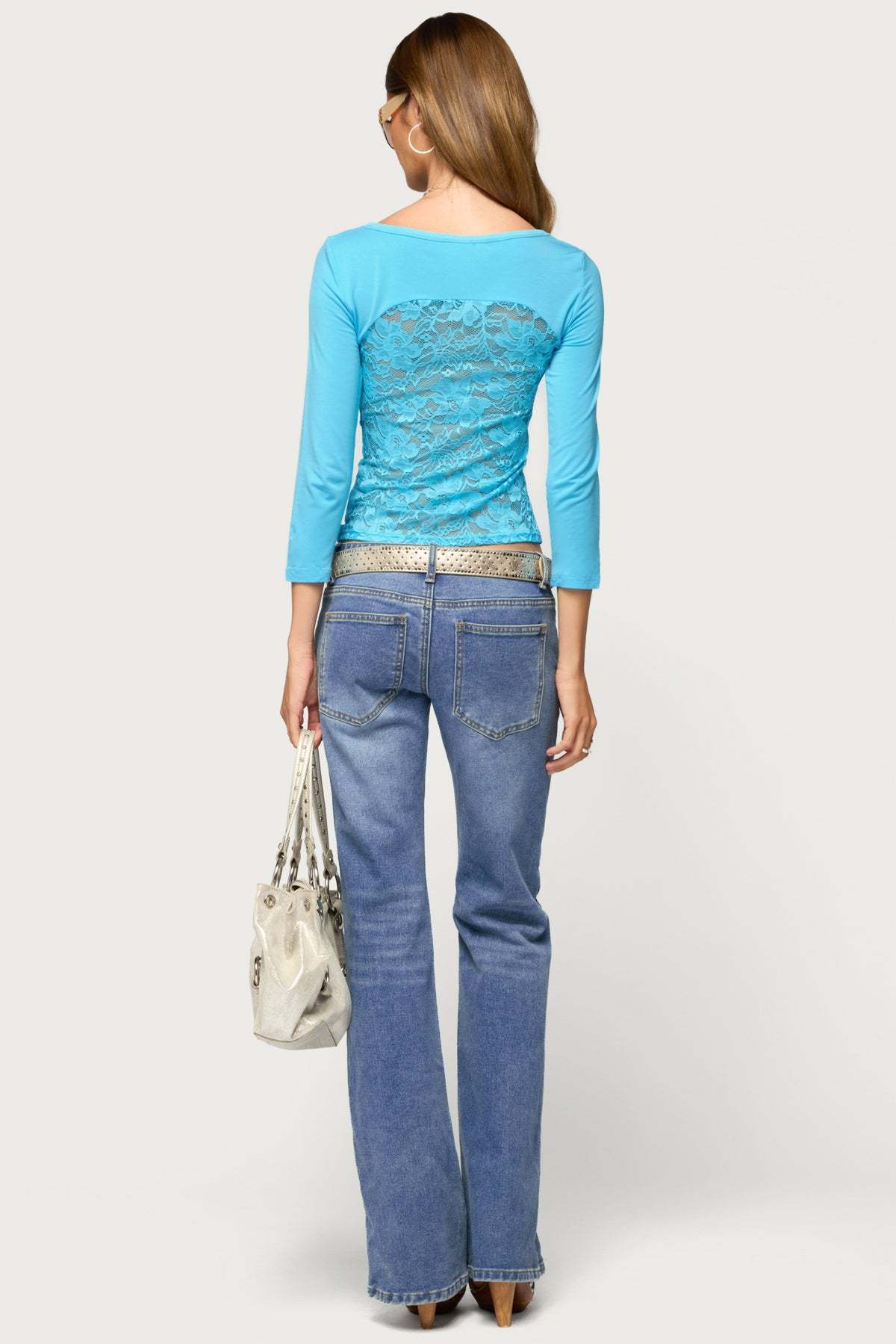 Bailie Lace Back Three-Quarter Sleeve Top - TURQUOISE