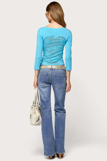 Bailie Lace Back Three-Quarter Sleeve Top - TURQUOISE