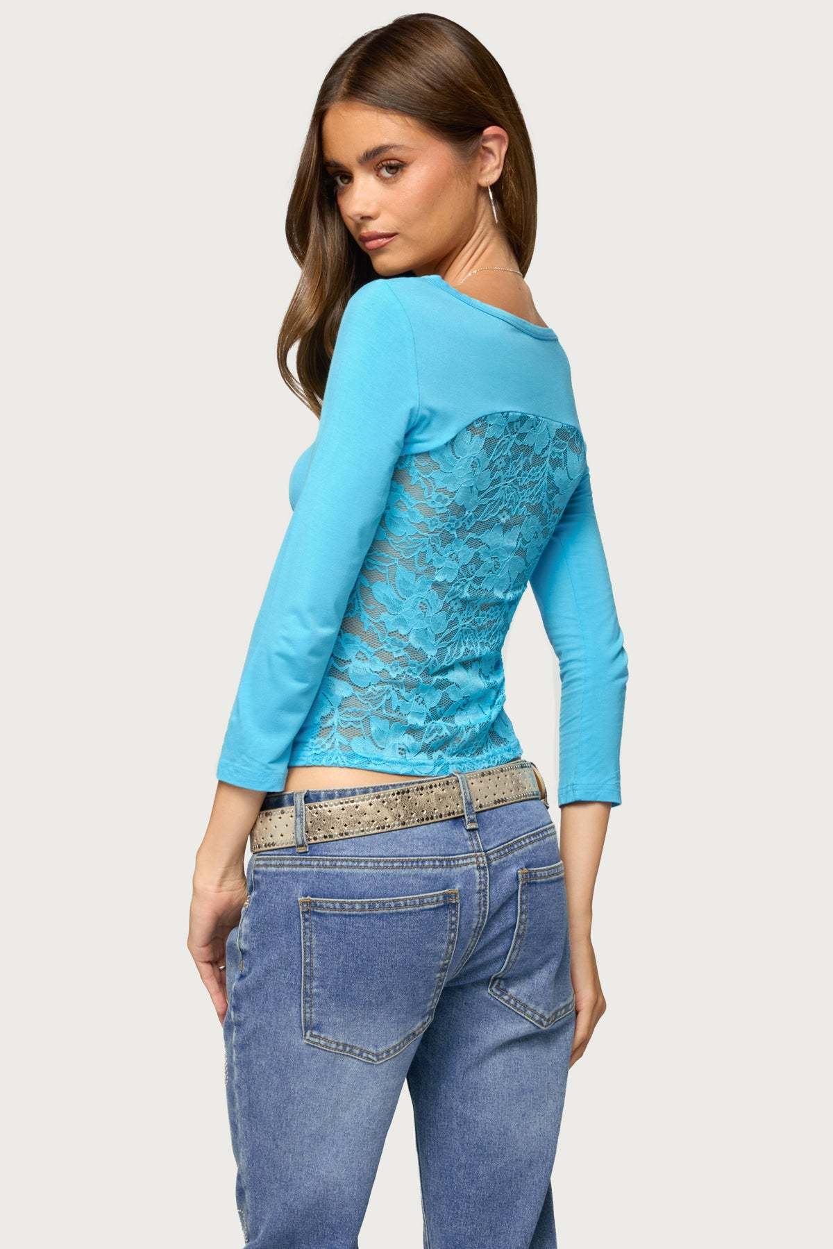 Bailie Lace Back Three-Quarter Sleeve Top - TURQUOISE