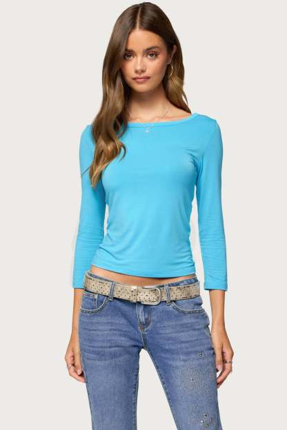 Bailie Lace Back Three-Quarter Sleeve Top - TURQUOISE