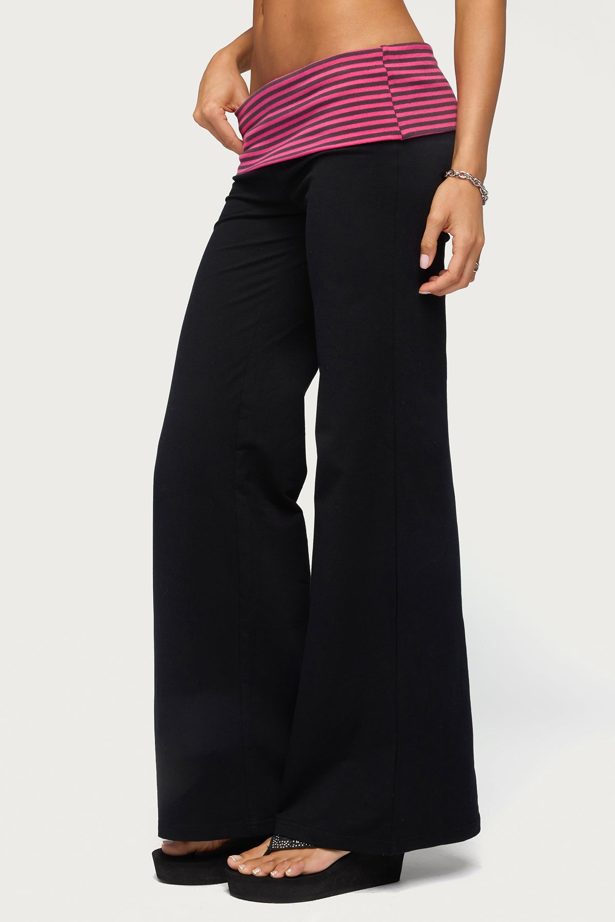 Maci Striped Foldover Pants - BLACK-AND-PINK