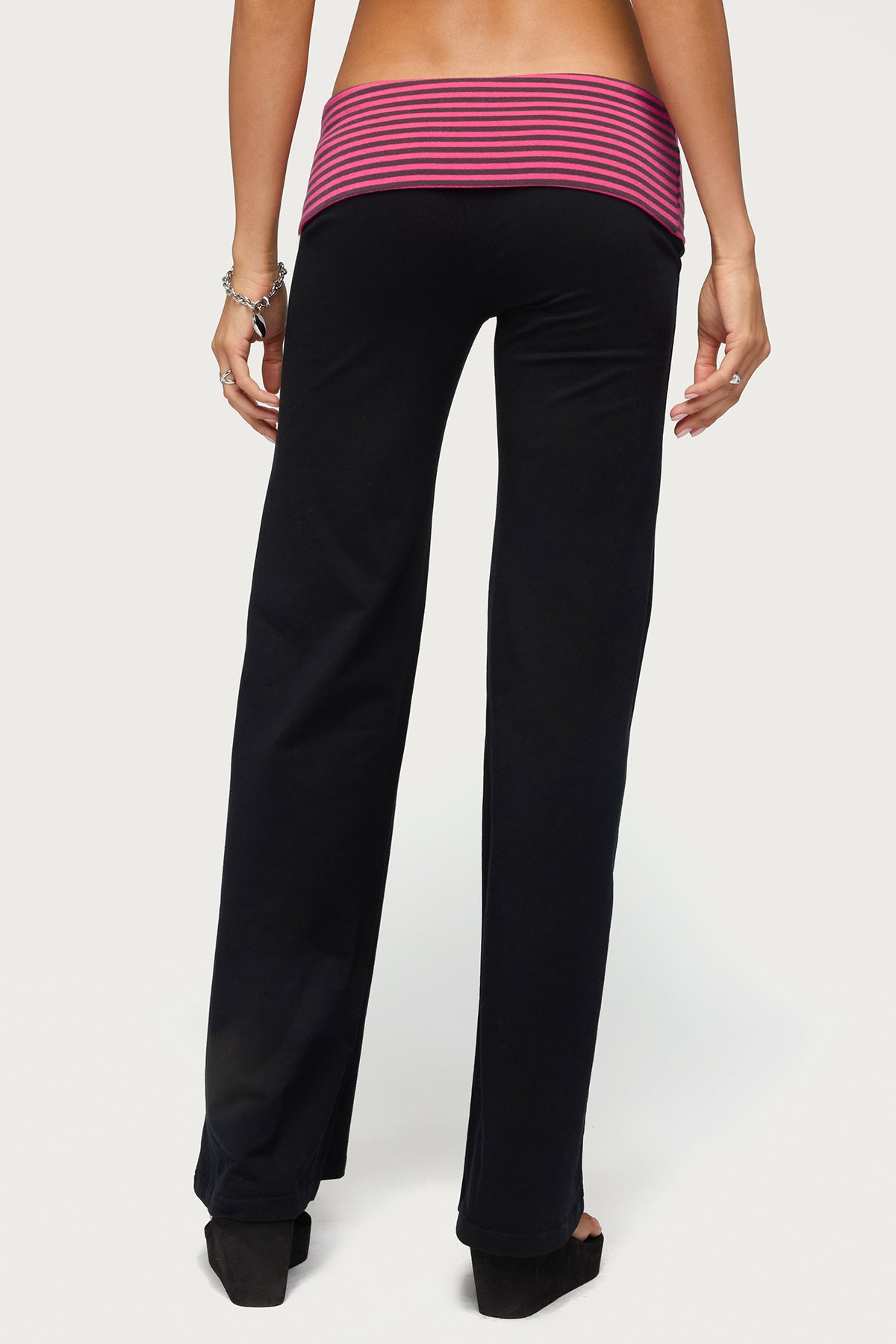 Maci Striped Foldover Pants - BLACK-AND-PINK