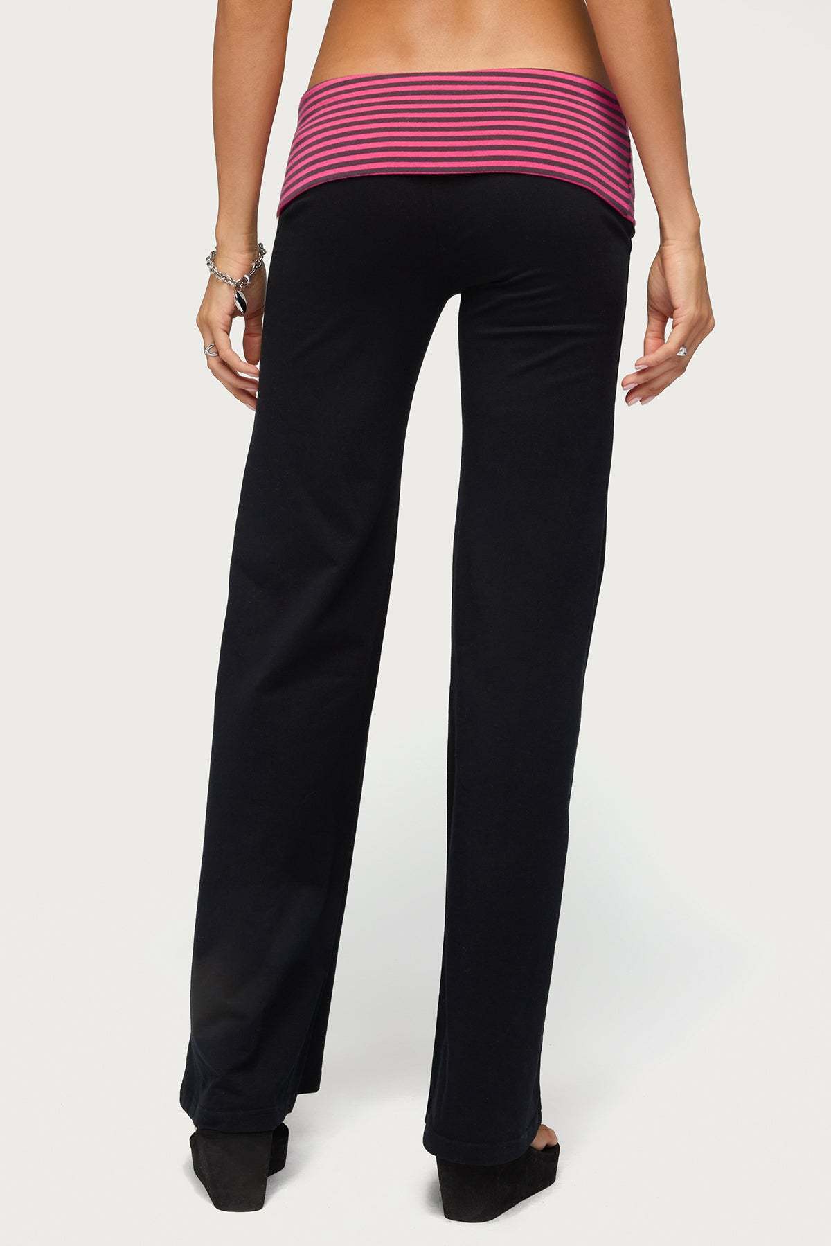 Maci Striped Foldover Pants - BLACK-AND-PINK