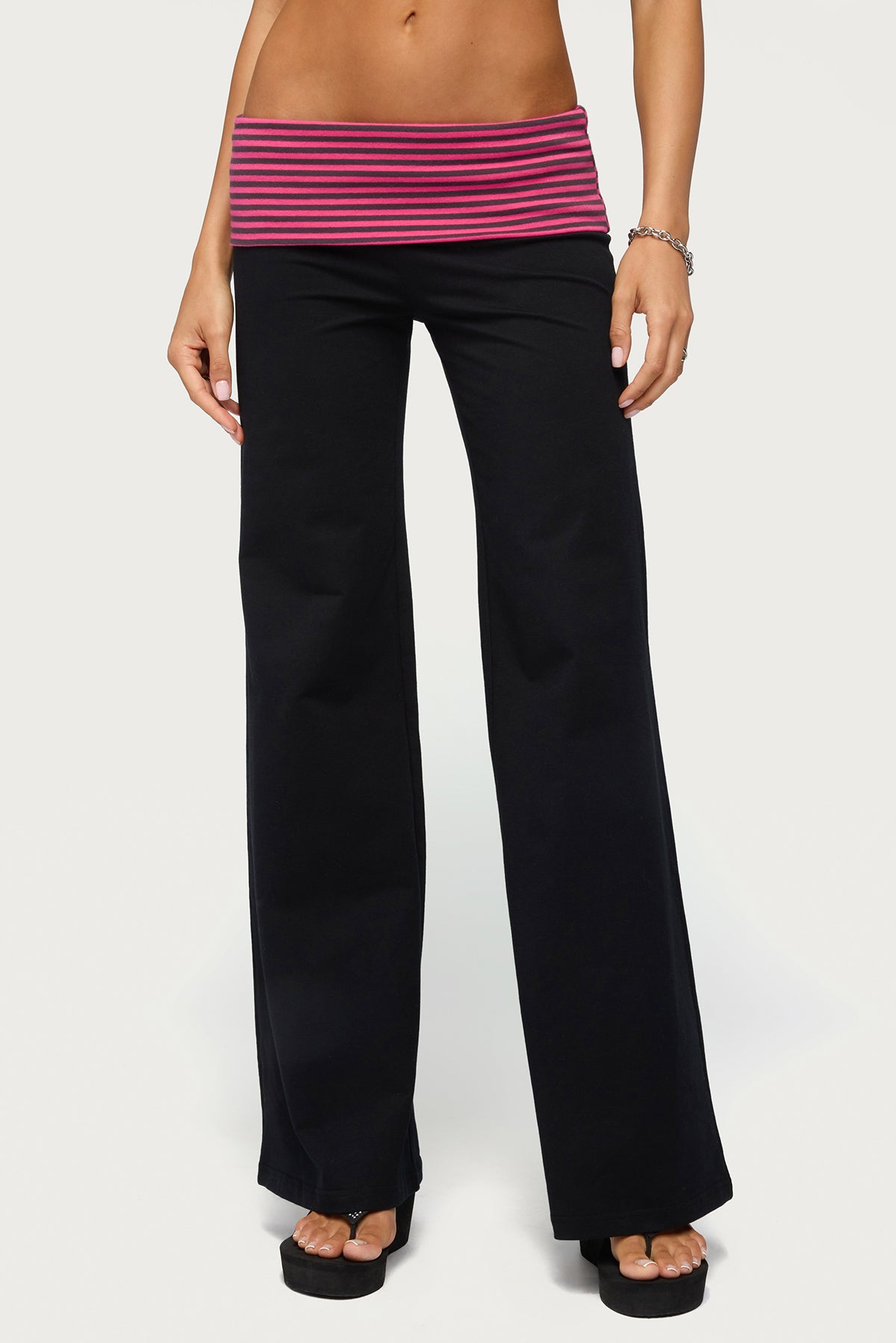 Maci Striped Foldover Pants - BLACK-AND-PINK