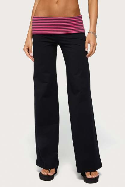 Maci Striped Foldover Pants - BLACK-AND-PINK