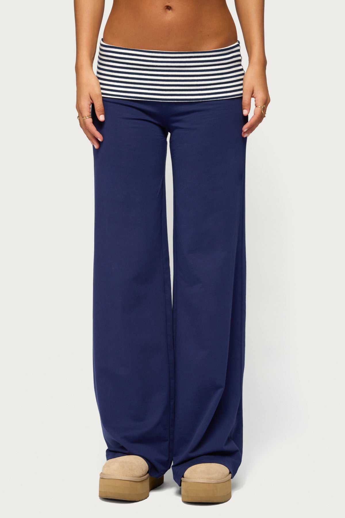 Maci Striped Foldover Pants - NAVY-AND-WHITE