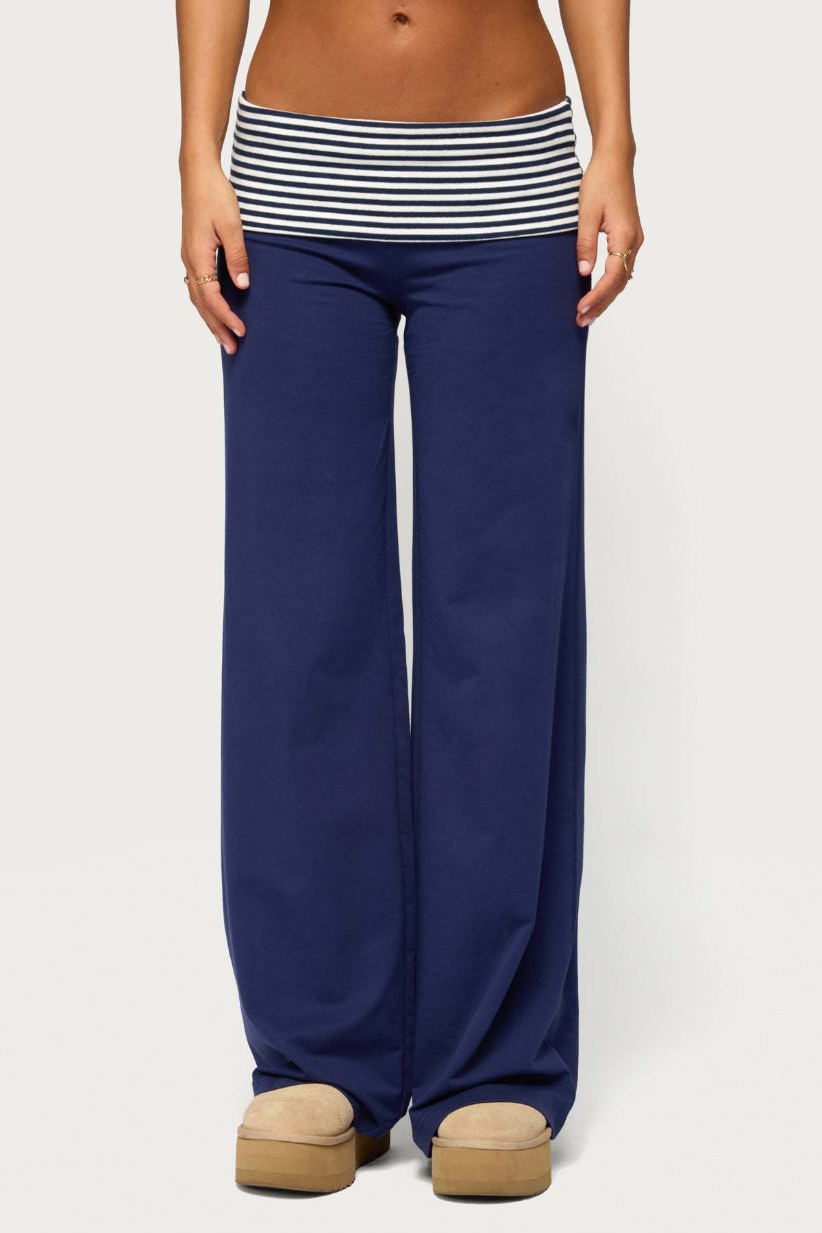 Maci Striped Foldover Pants - NAVY-AND-WHITE