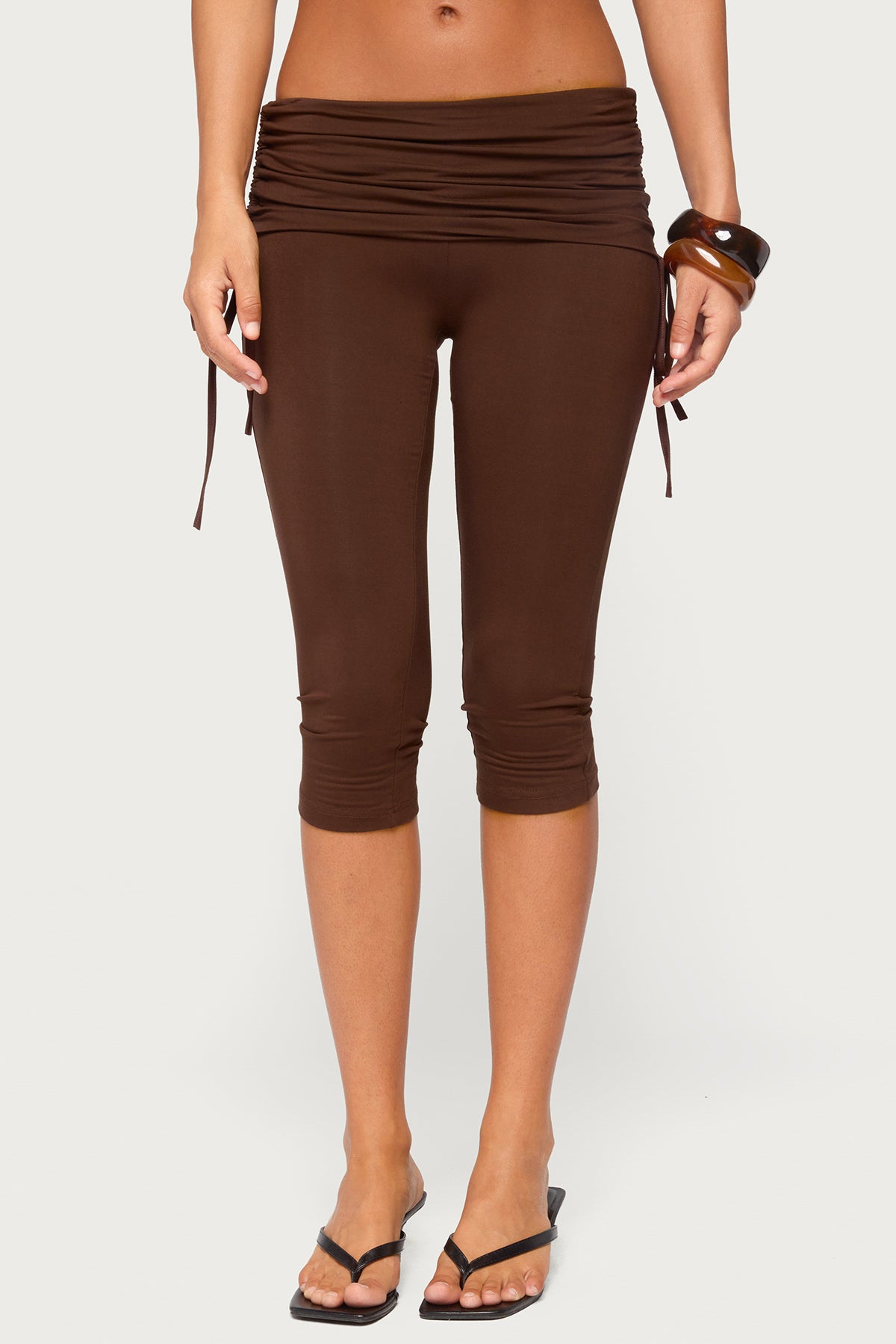 Bardi Drawstring Foldover Capri Pants - BROWN