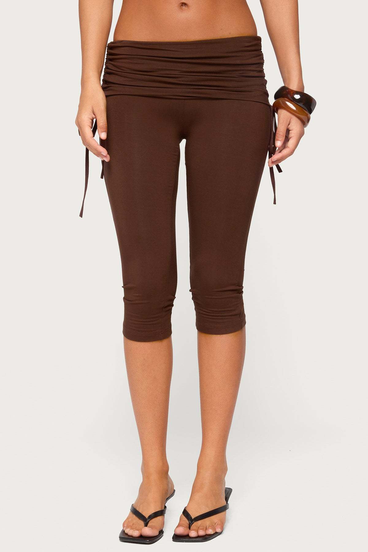 Bardi Drawstring Foldover Capri Pants - BROWN