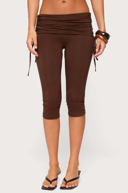 Bardi Drawstring Foldover Capri Pants - BROWN