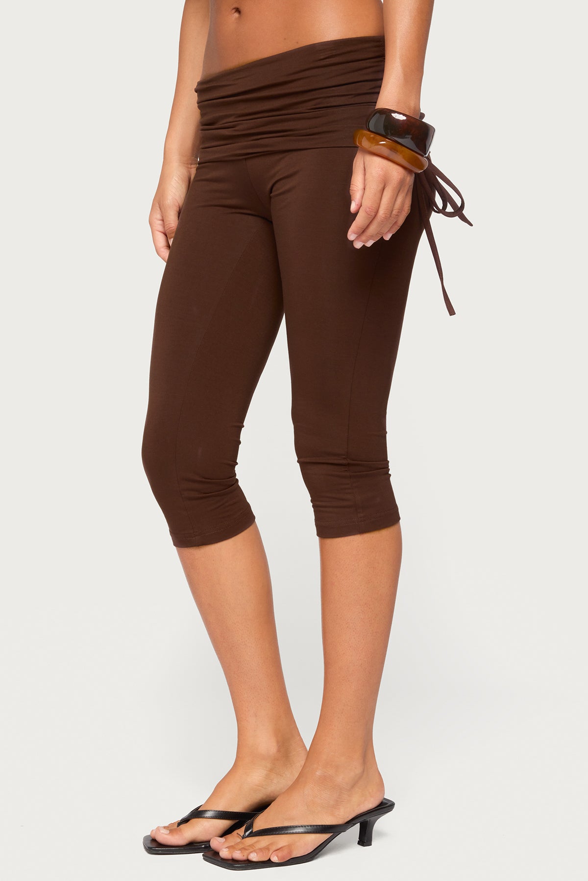 Bardi Drawstring Foldover Capri Pants - BROWN
