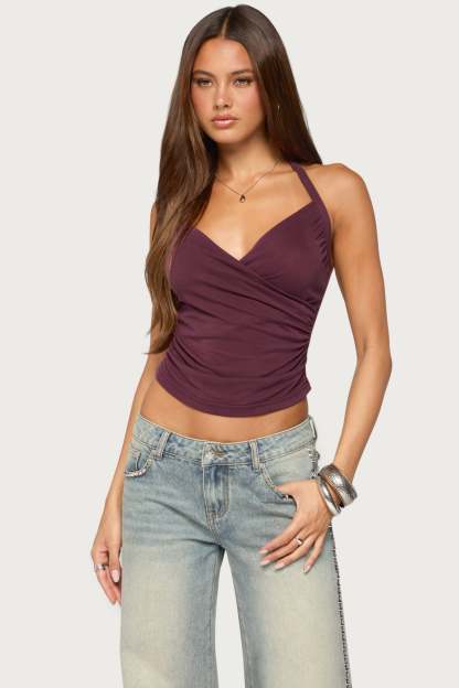 Taile Ruched Wrap Halter Top - PLUM