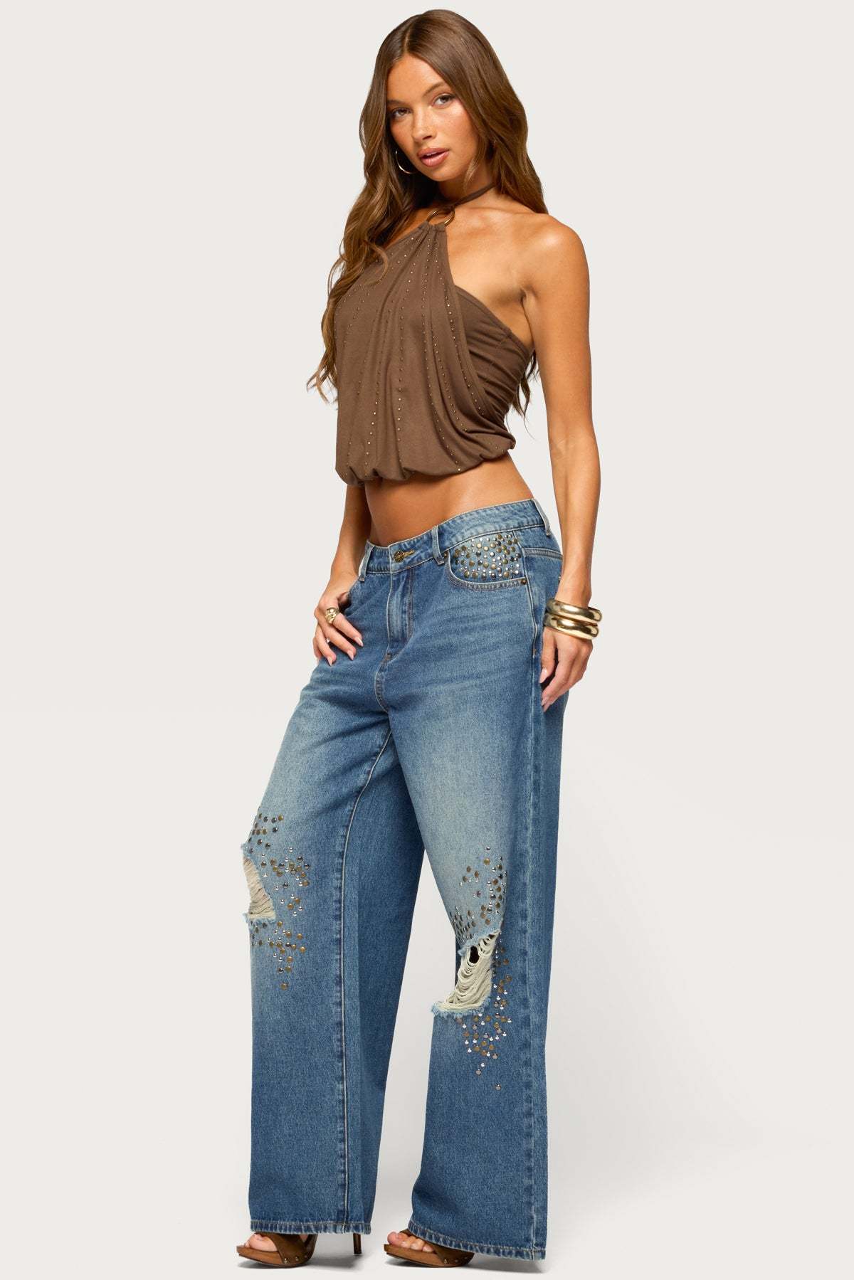 Neevah Studded Draped Halter Top - BROWN