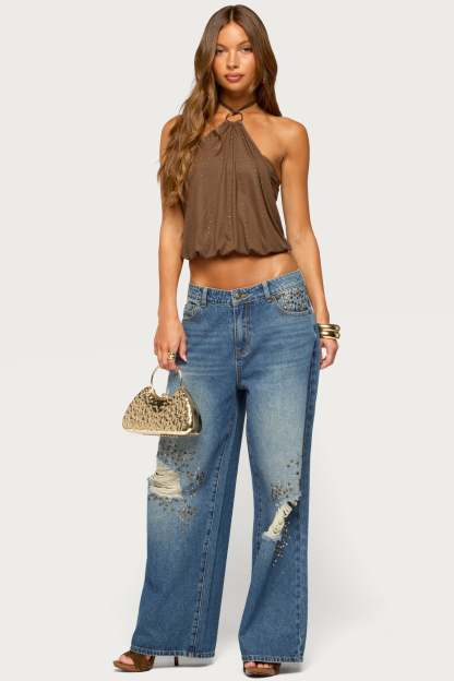 Neevah Studded Draped Halter Top - BROWN