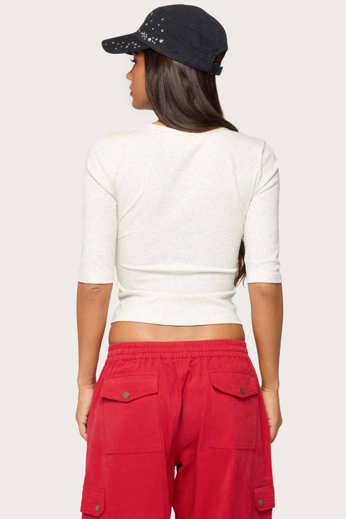 Garla V Neck Three-Quarter Sleeve Top - LIGHT-GRAY-MELANGE