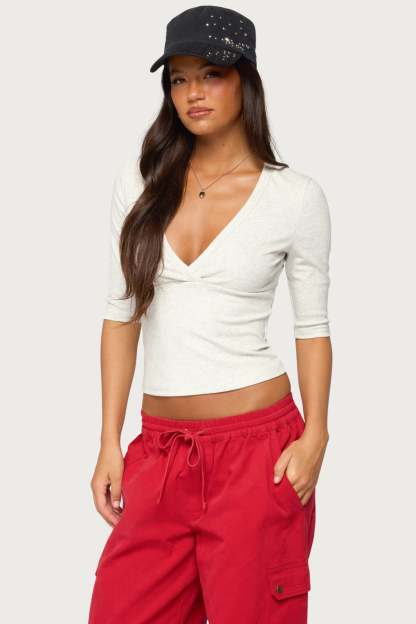 Garla V Neck Three-Quarter Sleeve Top - LIGHT-GRAY-MELANGE