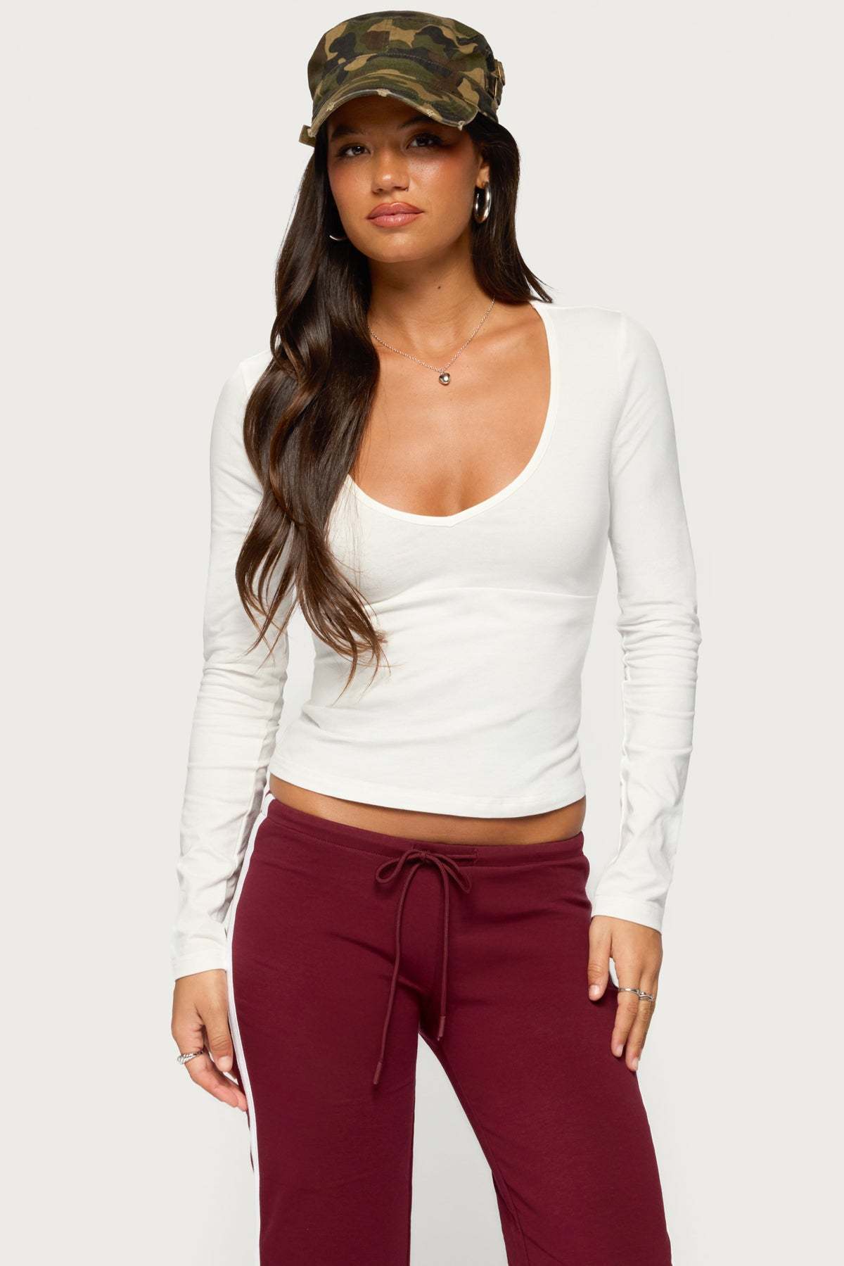 Feva V Neck Long Sleeve Top - WHITE