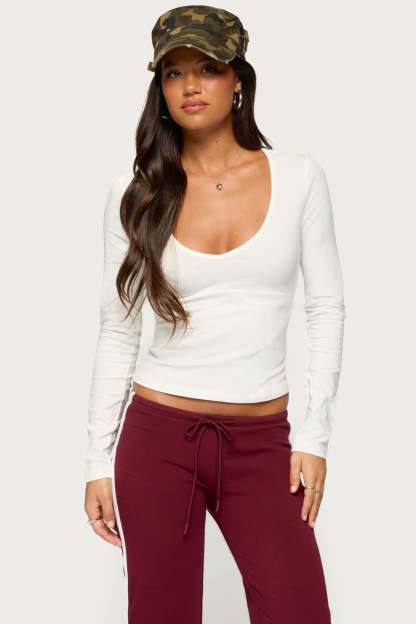 Feva V Neck Long Sleeve Top - WHITE