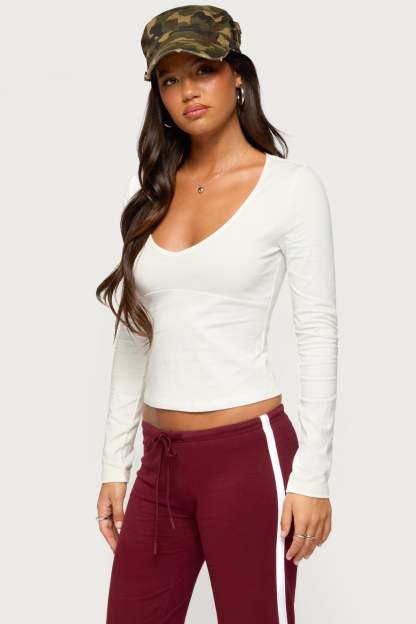 Feva V Neck Long Sleeve Top - WHITE