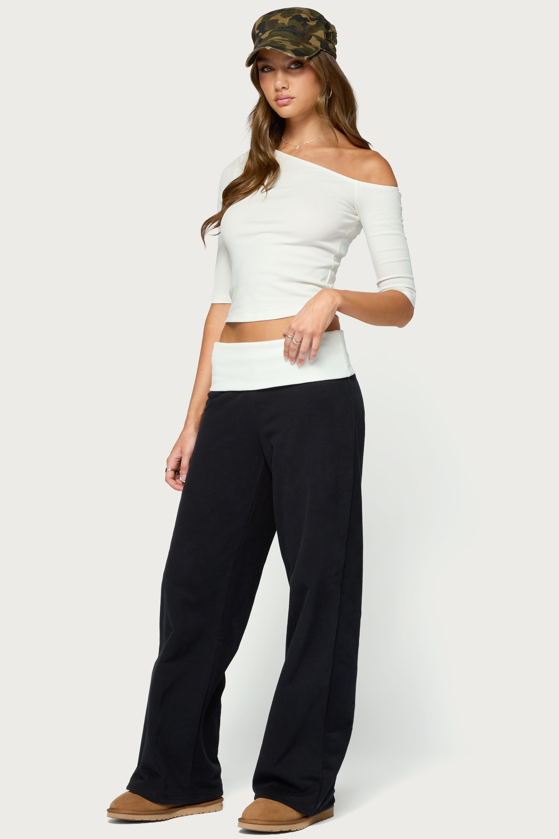 Idha Contrast Foldover Baggy Sweatpants - BLACK