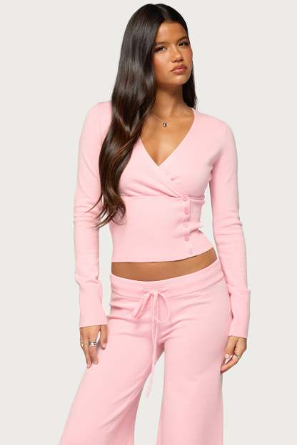 Eddie Long Sleeve Knit Wrap Top - LIGHT-PINK