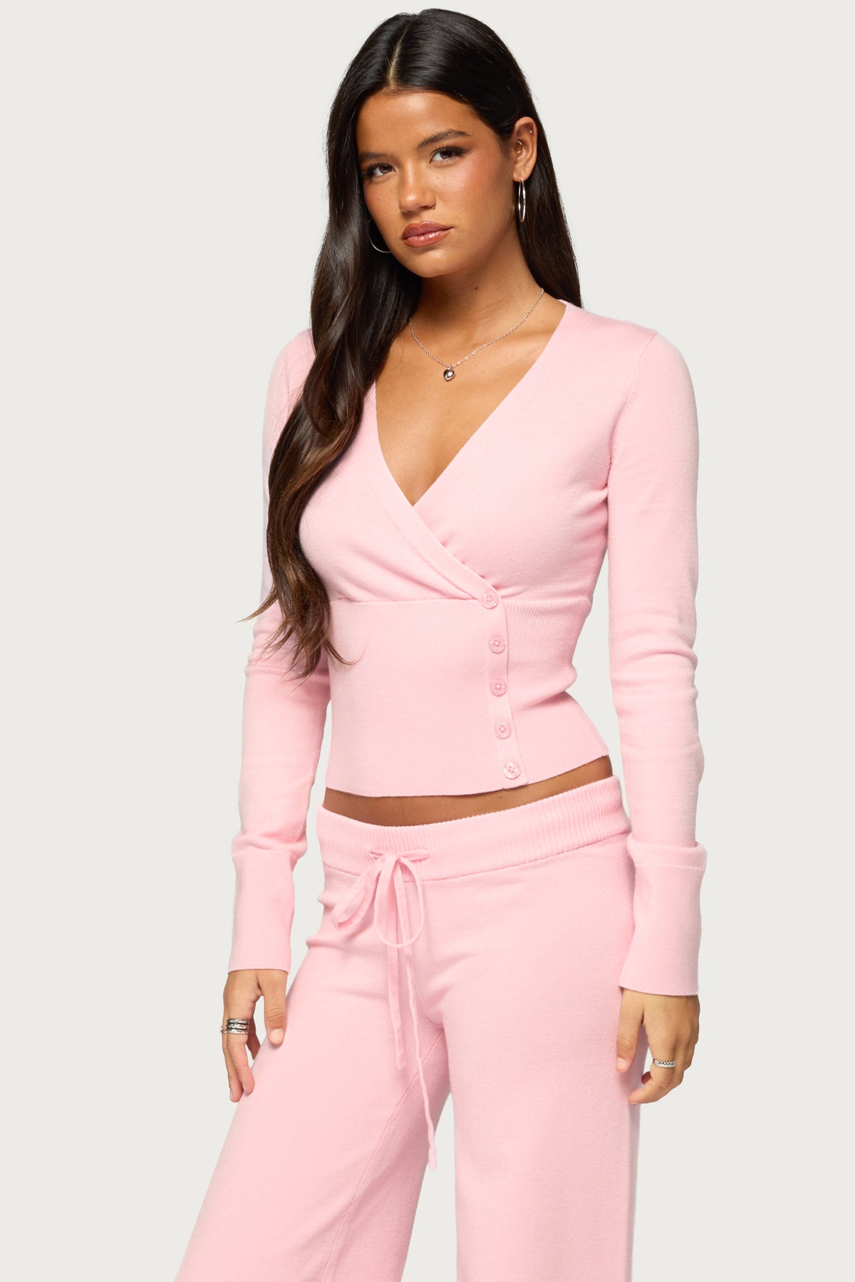 Eddie Long Sleeve Knit Wrap Top - LIGHT-PINK