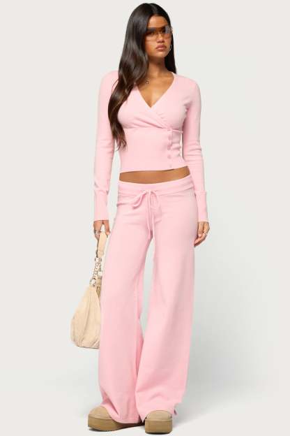 Eddie Long Sleeve Knit Wrap Top - LIGHT-PINK