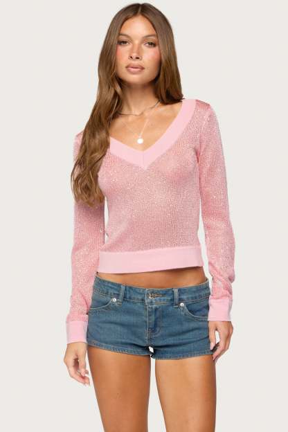 Acey Sequin Shiny Knit V Neck Top - PINK