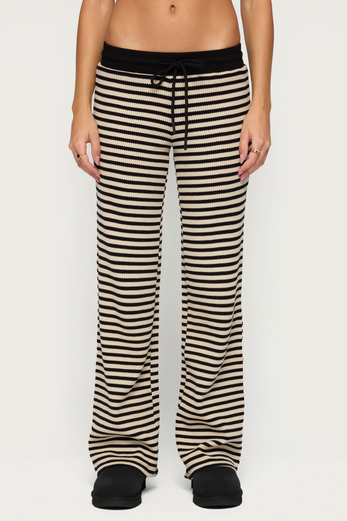 Helene Straight Leg Waffle Pants - CREAM-AND-BLACK
