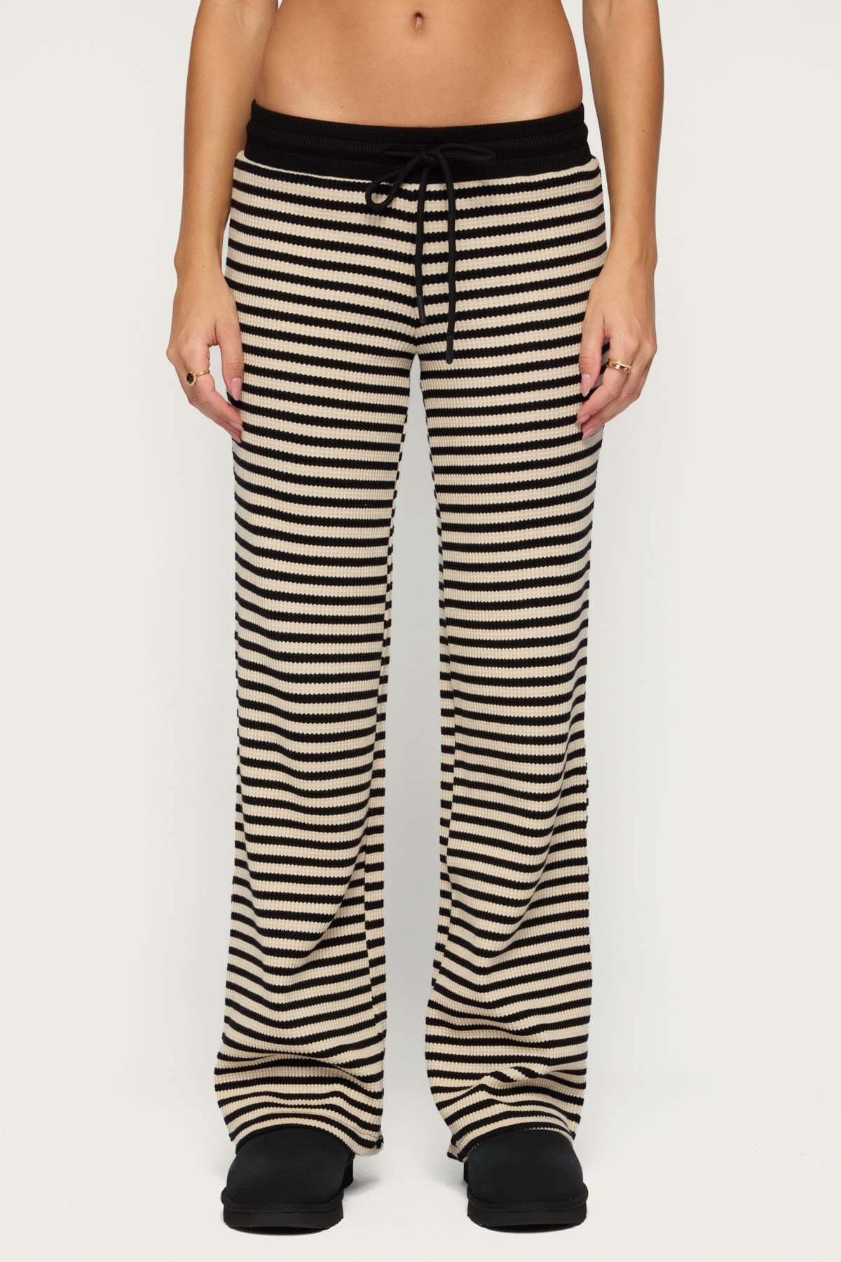 Helene Straight Leg Waffle Pants - CREAM-AND-BLACK