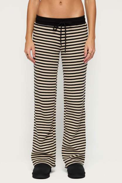Helene Straight Leg Waffle Pants - CREAM-AND-BLACK