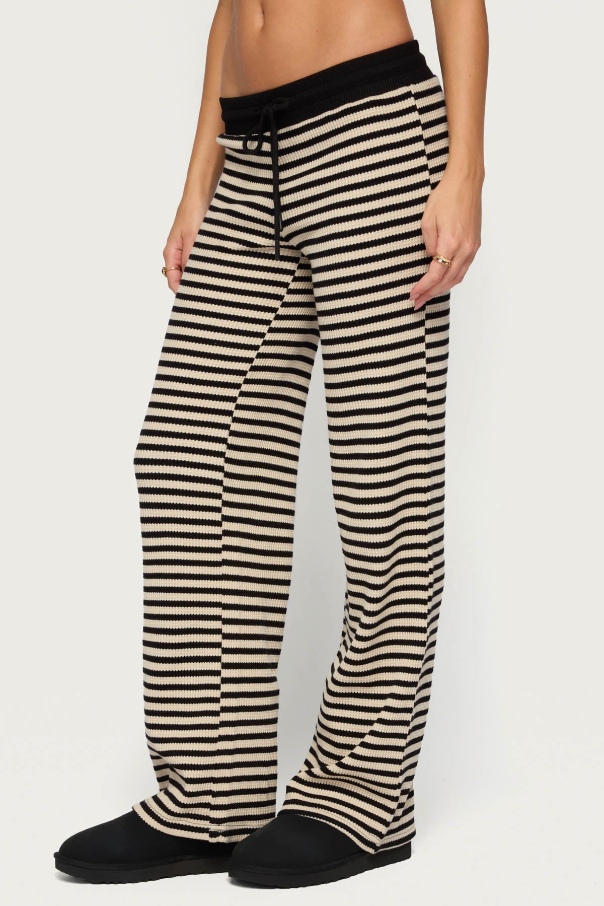 Helene Straight Leg Waffle Pants - CREAM-AND-BLACK