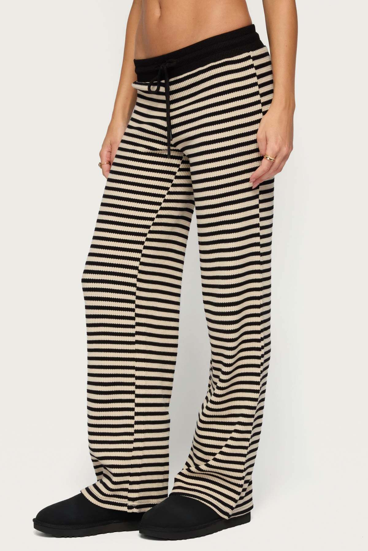 Helene Straight Leg Waffle Pants - CREAM-AND-BLACK