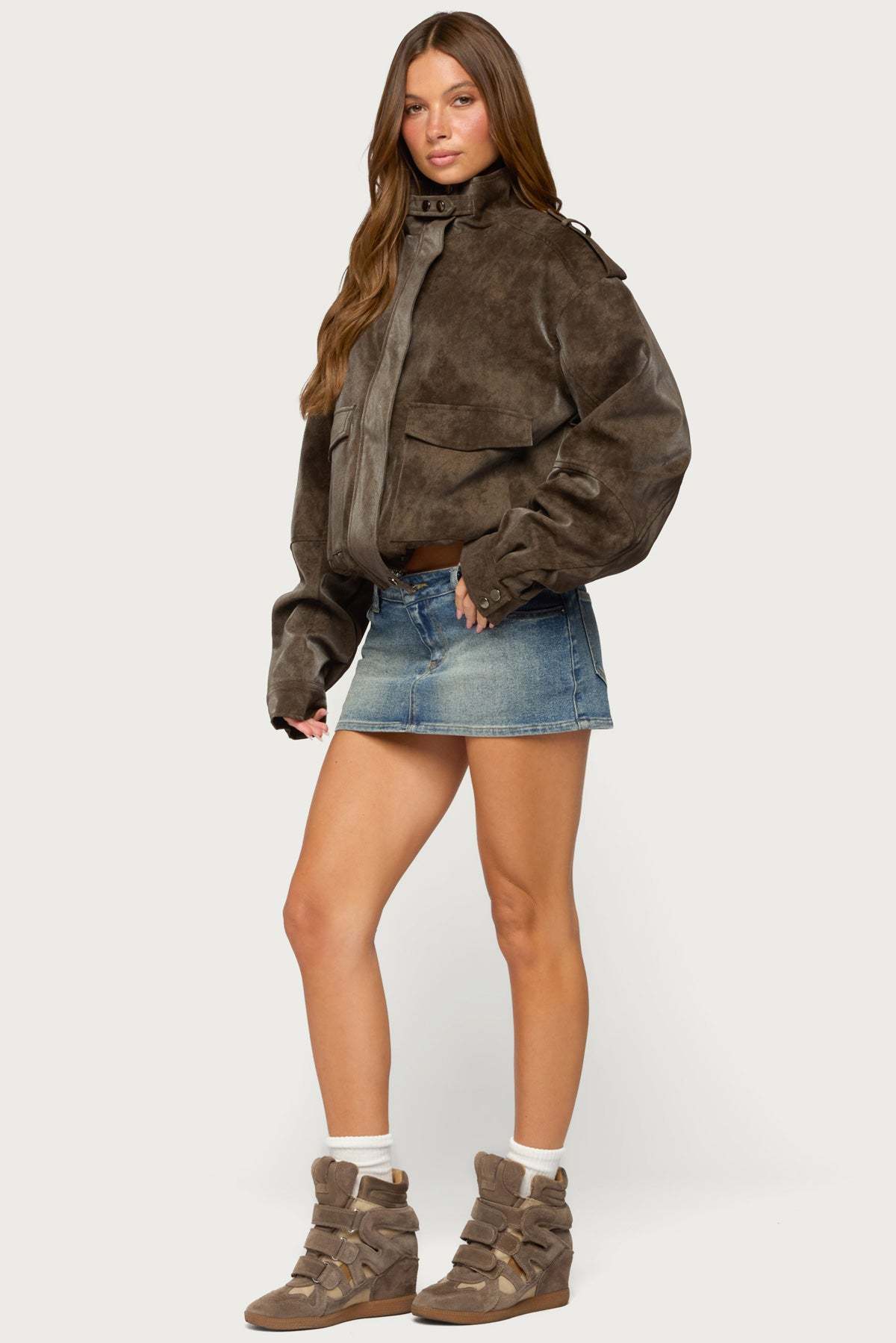 Chaya High Neck Faux Suede Jacket - DARK-BROWN
