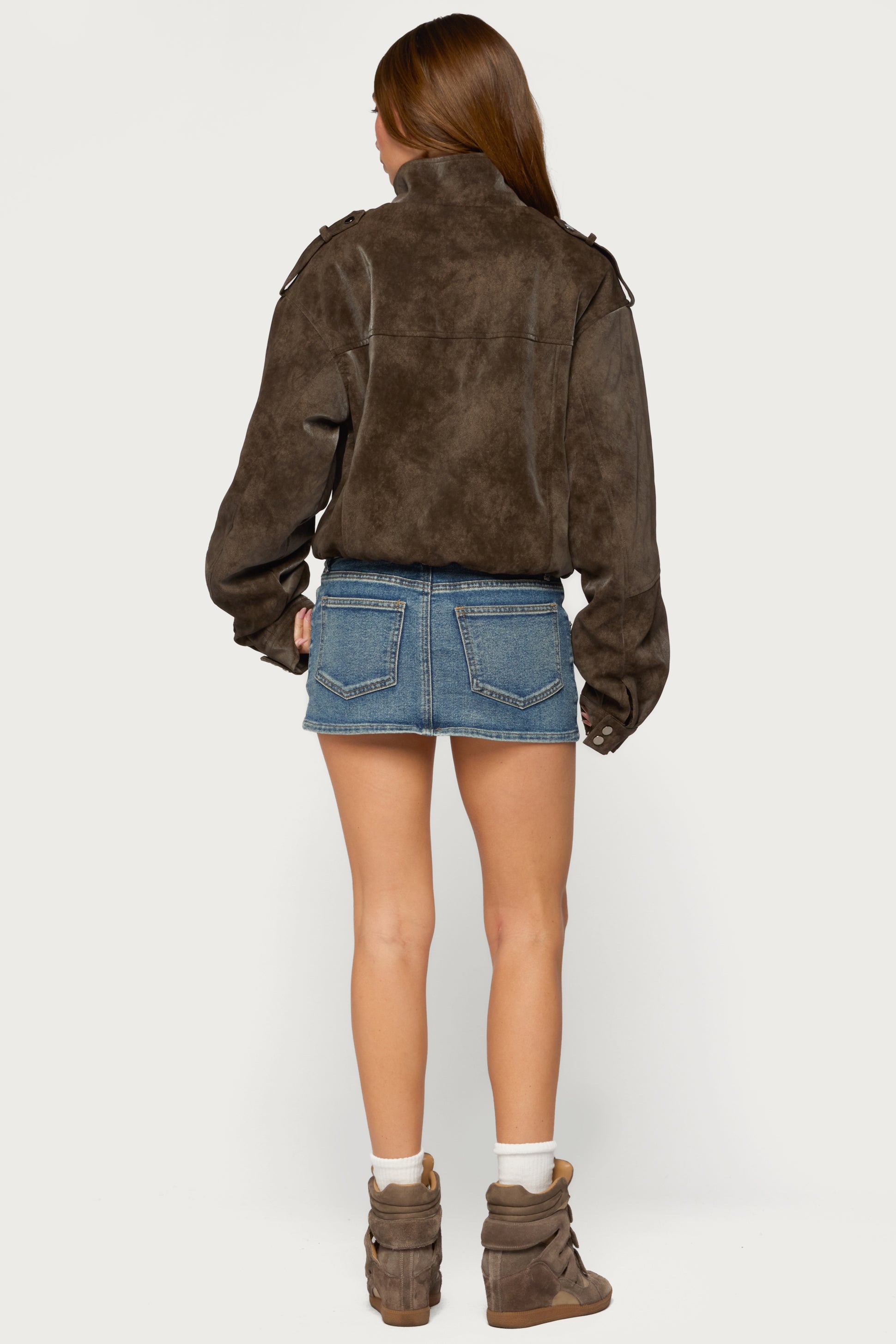 Chaya High Neck Faux Suede Jacket - DARK-BROWN