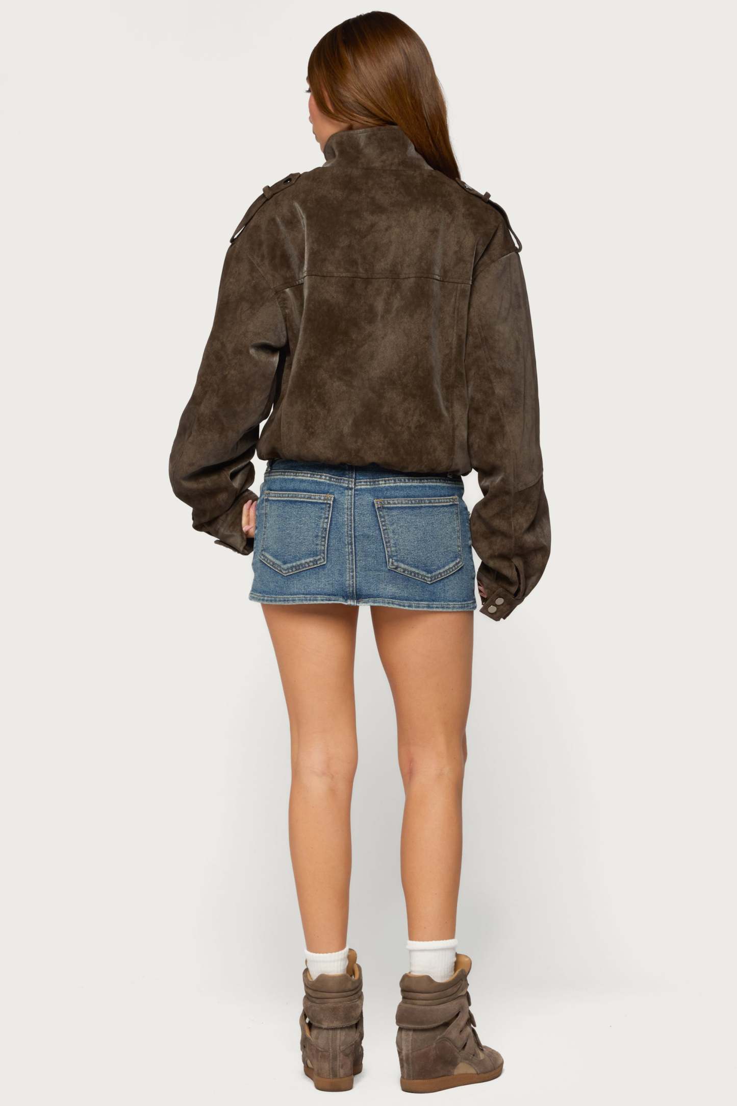 Chaya High Neck Faux Suede Jacket - DARK-BROWN