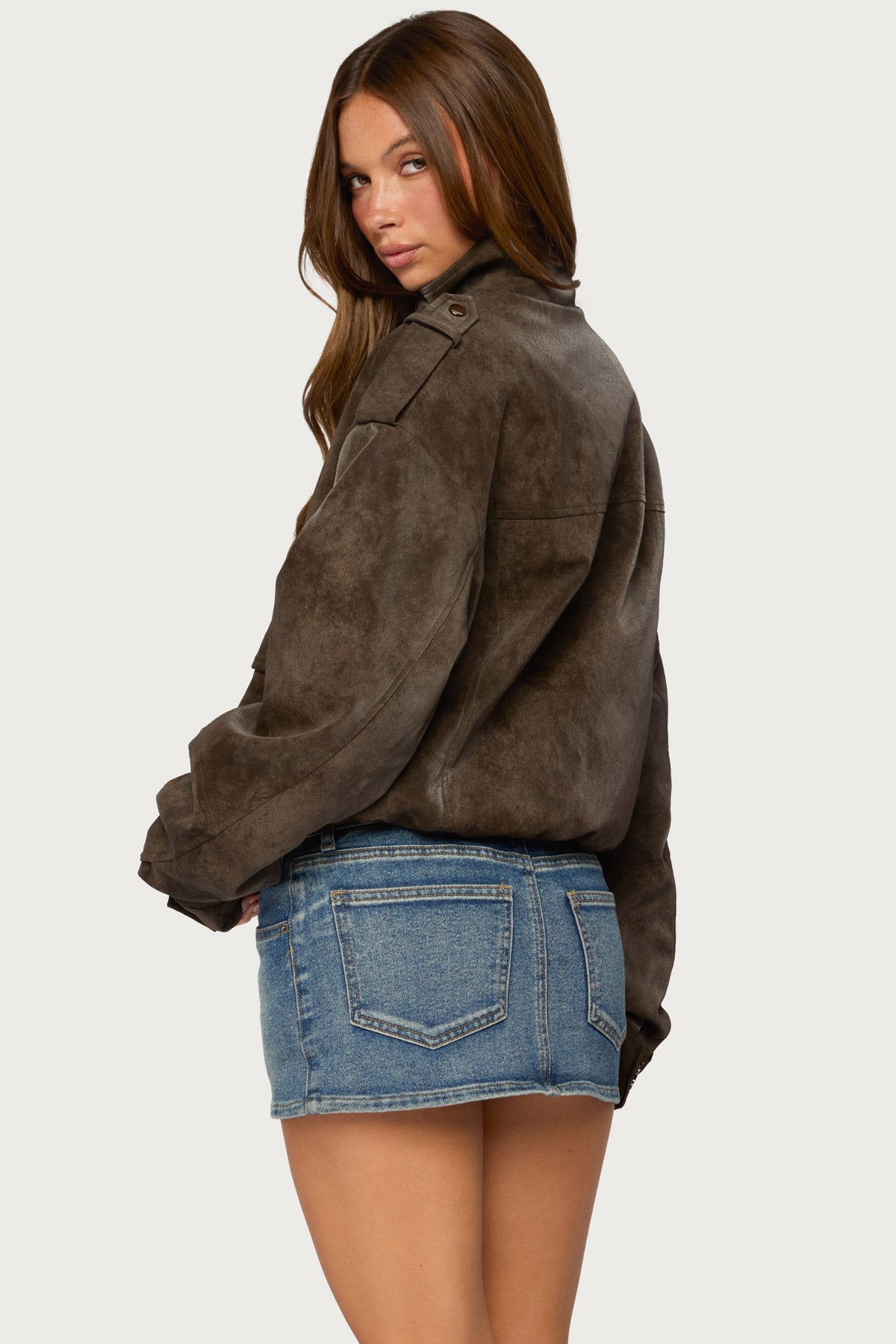 Chaya High Neck Faux Suede Jacket - DARK-BROWN