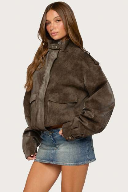 Chaya High Neck Faux Suede Jacket - DARK-BROWN