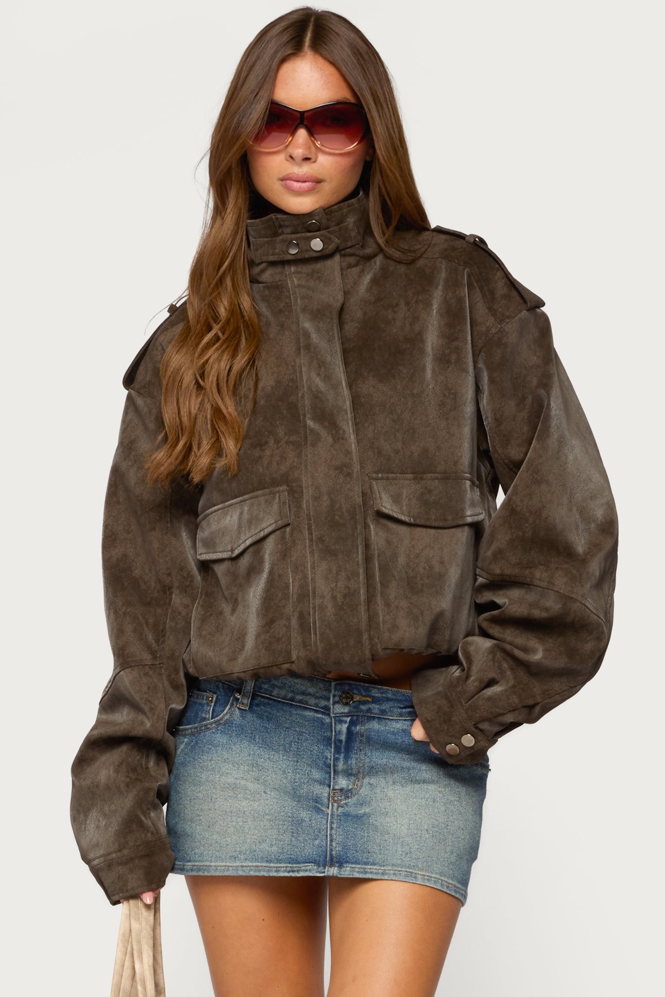 Chaya High Neck Faux Suede Jacket - DARK-BROWN