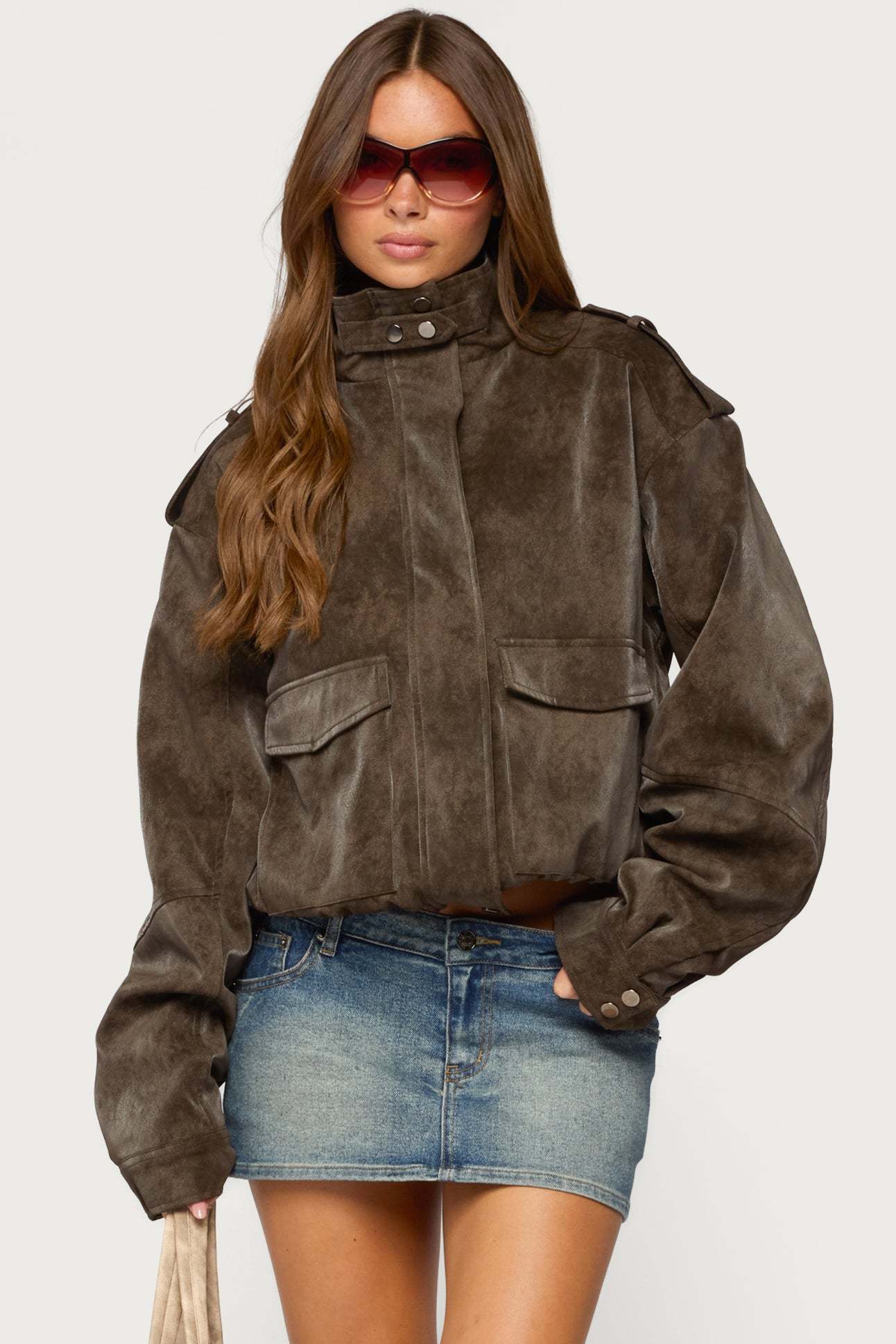 Chaya High Neck Faux Suede Jacket - DARK-BROWN