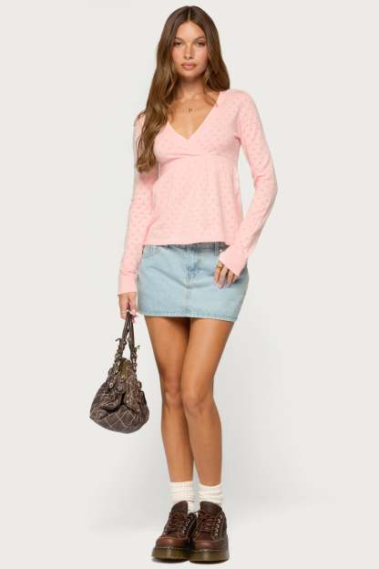 Basha Pointelle Knit V Neck Top - LIGHT-PINK