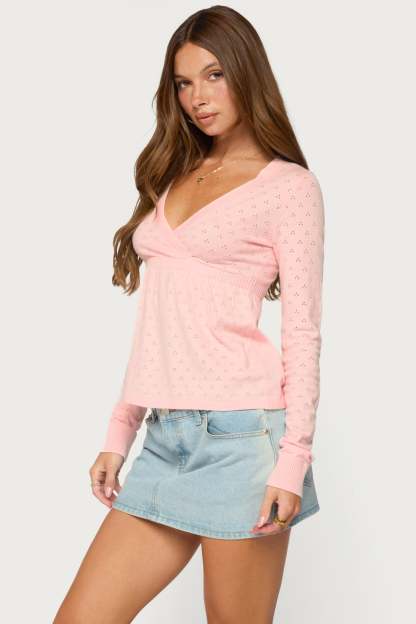 Basha Pointelle Knit V Neck Top - LIGHT-PINK