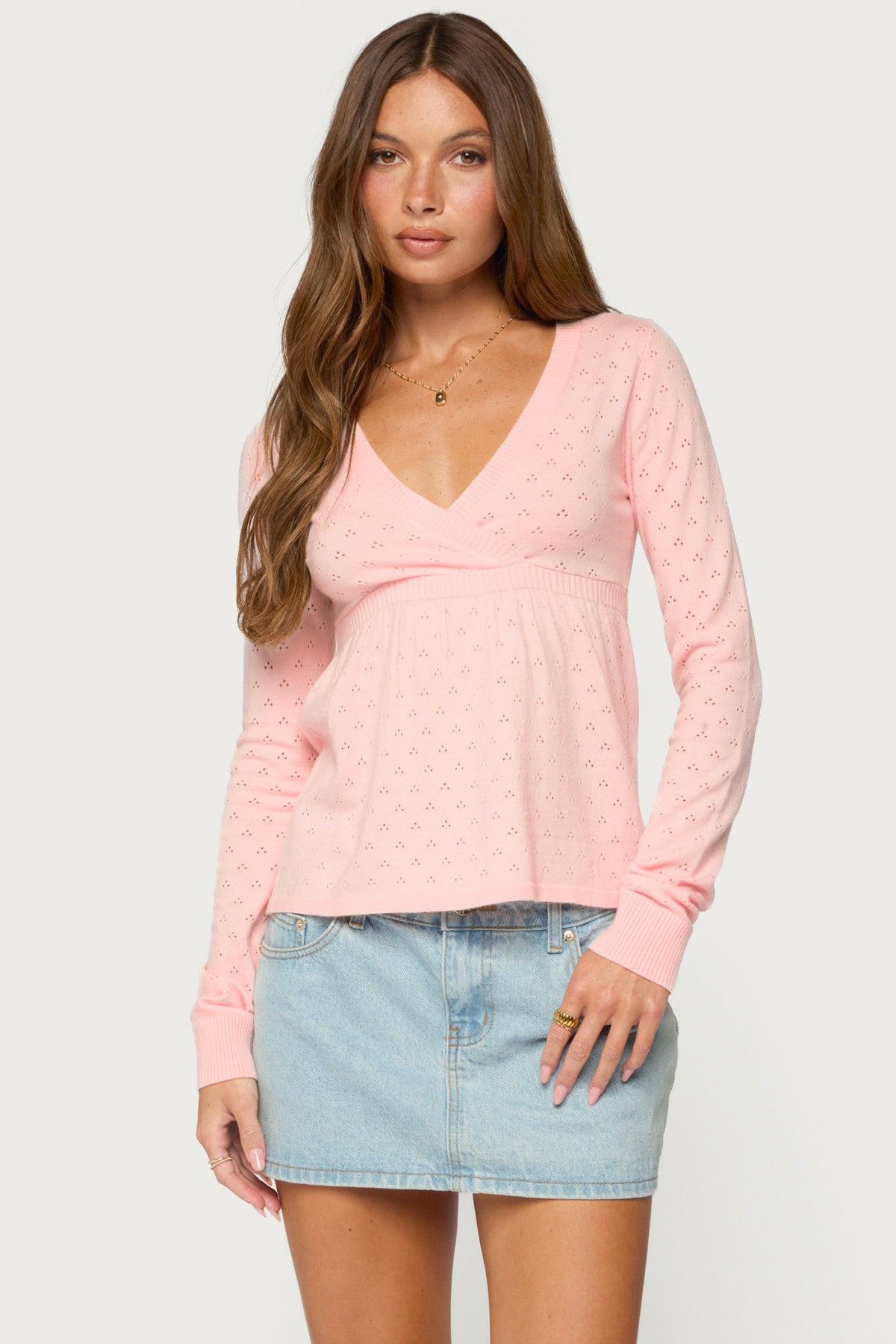Basha Pointelle Knit V Neck Top - LIGHT-PINK