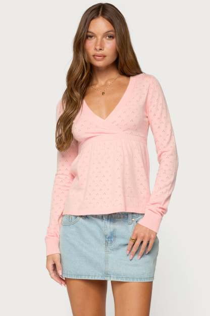 Basha Pointelle Knit V Neck Top - LIGHT-PINK
